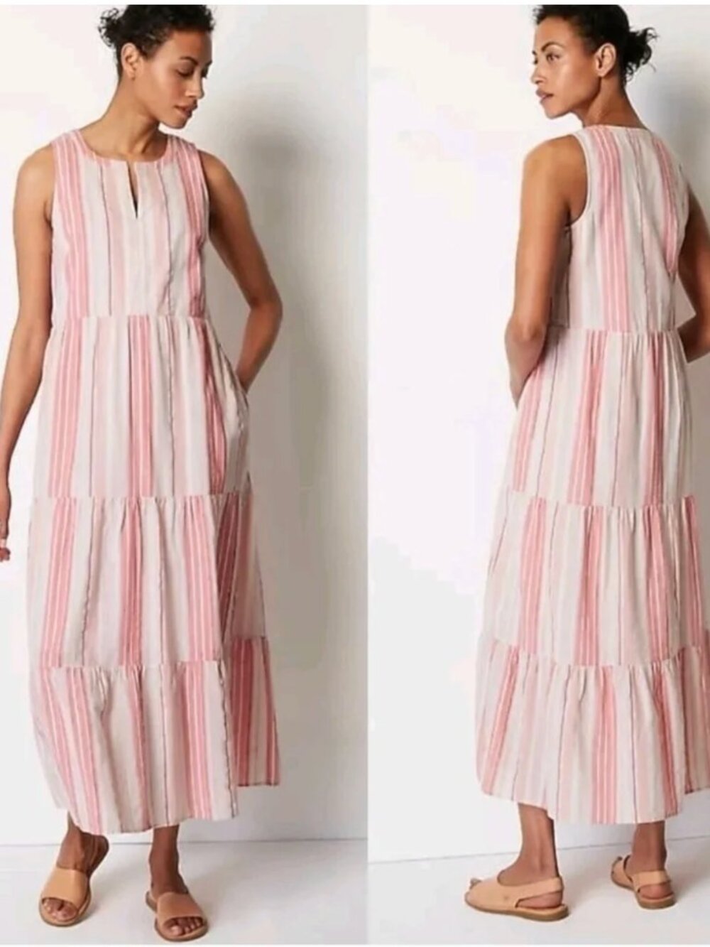 J. Jill Ibiza Maxi Dress Small Petite Sleeveless Tiered Boho Pink Striped V-Neck - Picture 8 of 9